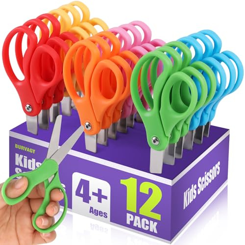 BURVAGY 12 Packs 5 Small School Student Blunt Tip Craft Kids Scissors, Stainless Steel Blades Comfort Grip 5 Inch Safety Scissors Bulk for Children Toodler Cutting Paper