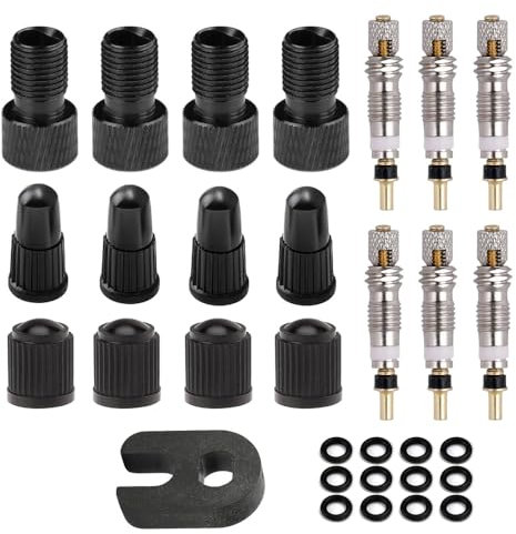 Saipe 4 adaptadores de válvula Presta, adaptador de válvula Presta a Schrader, infla el neumático con bomba estándar o compresor de aire, incluyendo 6 núcleos de válvula Presta sin cámara y 8 tapas de