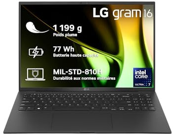 LG Gram 16Z90S-G.AD75F - PC Portable 16 1199g, écran IPS QHD+ 16:10, Plateforme Intel® Evo™ Ultra 7 155H, RAM 32Go, SSD 512Go NVMe, Intel Iris XE, Thunderbolt™ 4, Windows 11, Clavier AZERTY, Noir