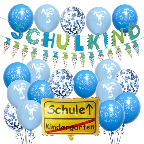 Schulkind Deko Einschulung Luftballons, Einschulung Deko + SCHULKIND Folienballon + 14 Luftballons Blau Einschulung mit 123 ABC+ 4 Blau Konfetti Luftballons für Schulanfang Deko Junge