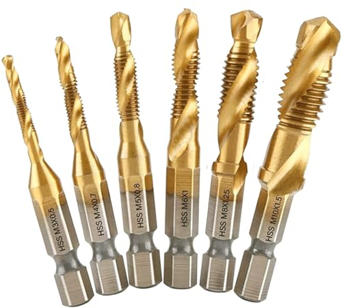 6Pcs HSS Juego Brocas Roscar Rosca, Grifo Manual Recubierto Titanio Vástago Hexagonal, M3 M4 M5 M6 M8 M10 Taladro Cabezal Tornillos Métrico Punta Espiral, Herramienta Perforación Cambio Rápido 1/4