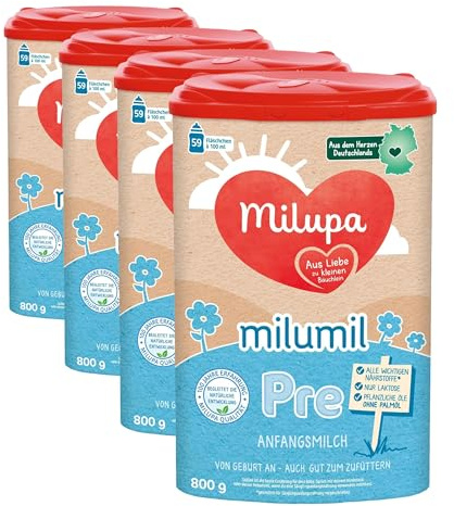 Milupa Milumil Pre – Anfangsmilch von Geburt an – Baby-Milchpulver – Mit wichtigen Nährstoffen und ohne Palmöl – 1 x 800 g (Packung mit 4)