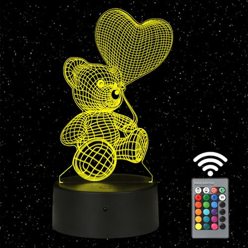 HooJtny 3D Bär Nachtlicht LED Lampe, Geschenk Kinder Freundin, Nachttischlampe, LED-Nachtlicht 16 Farben