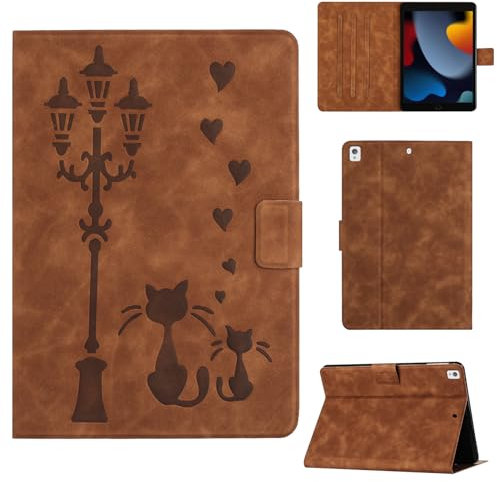 Rosbtib Funda para iPad 10.2 Pulgadas (Modelo 2021/2020/2019, 9./8./7. Generación) Funda Protectora de Piel sintética con Soporte, Una Pareja de Gatos íntimos bajo una farola, para iPad 10.2, Marrón