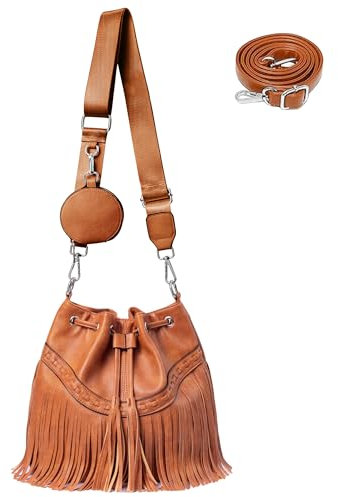 Sunwel Fashion Damen-Hobo-Tasche mit Fransen, Western-Geldbörse, veganes Leder, Quaste, Hippie-Schultertasche, Umhängetasche, Braun