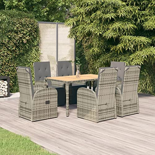 Fasba 7-TLG. Garten Essgruppe, Gartenmöbel Sitzgruppe, Terrassenmöbel Set 6 Personen, Esstisch mit 6 Hochlehner Verstellbar Stühlen mit Kissen Set, Poly Rattan Grau/ 3157594