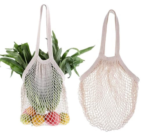 ZORVUJI Borsa Rete 2 Pezzi Riutilizzabile in Cotone, Borsa Rete con Manico Lungo per Frutta e Verdura, Borsa Rete Beige