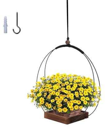 Jilskl Pot de Fleur Suspendu, Pot Suspendu Plant Interieur, Boho Moderne Suspension Plante Intérieure, avec Base en Bois, Pot Fleur Suspendu pour Petites et Moyennes Plantes, Noir