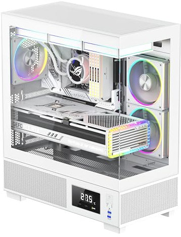 Boîtier de Jeu ProGaming Kian, Tour Centrale, ATX, 6 Ventilateurs ARGB avec contrôleur, Panneaux en Verre trempé, Affichage numérique de la température du processeur/GPU, éclairage ARGB (Blanc)