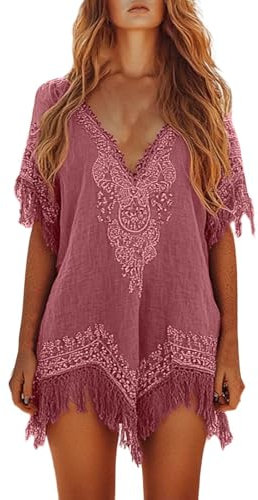 Cache Maillot de Bain Femme Robe de Plage Crochet Sarongs en Crochet Été Plage Couvrir Sexy V-Cou Bikini Cover Up Bohème Beachwear Flower Dress Maillot de Bain Couvrir Kimono Tendance(Rose,S)