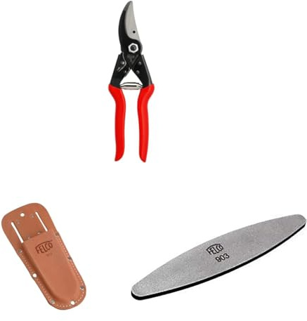 FELCO 5 Gartenschere mit Lederholster 910+ und Schärfwerkzeug 903 – Langlebiges Set für Einsteiger, ideal für tägliche Gartenarbeiten