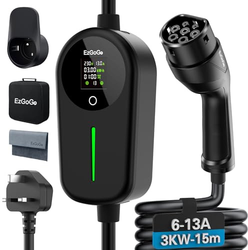 EzGoGo EV Charger 3 Pin Plug 49.21Ft/15M Type 2 Charging Cable 3kW, [6/8/10/13A] Electric Car Charger IP65 Advanced Protection car charging cable Suitable for EVs & PHEVs