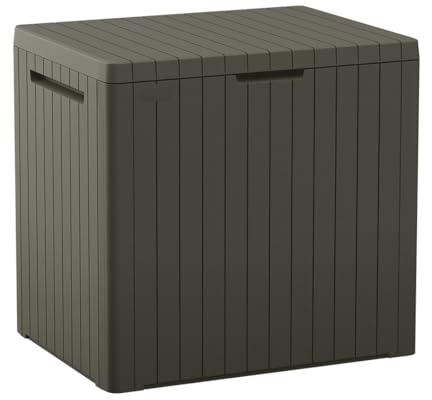 Keter City 30 Gallon Resin Outdoor Storage Box and Patio Furniture Side Table for Pool and Garden Accessories, Taupe