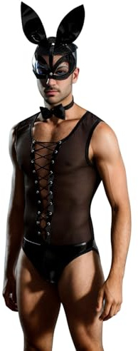 Generisch Herren Bunny Cosplay Kostüm Sexy Dessous Set Rollenspiel Nachtclub Kostüm Outfit (Black, One Size)