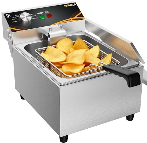PATIOZA 6L Commercial Deep Fat Fryer Stainless Steel Electric Chip Fryer | 60–200°C Adjustable Temp, Overheat Reset Safety, Detachable Frying Basket for Restaurant Cafe Use,3000W