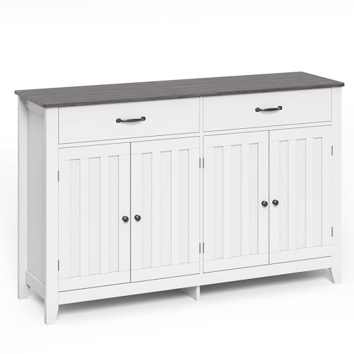 Blishom Küchenschrank, 4 Türen, 2 Schubladen, Sideboard, Grau | Kommode mit 140 cm Arbeitsplatte, Verstellbare Ablagen und Kippschutz, für Küche, Esszimmer und Wohnzimmer, 40 x 140 x 89 cm