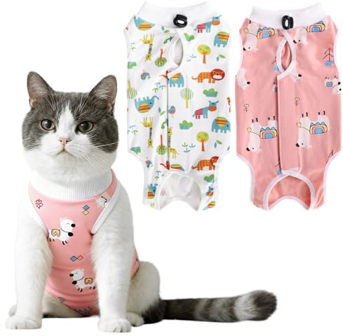DOINEUFL 2 Stück Katzenbody nach Operationen, Antileckend Katzenbody, Baby-Baumwollmaterial Katzen Kleidung für Sterilisation, Entwöhnung ＆ bei Hautkrankheiten (M, Alpaka + Löwe)