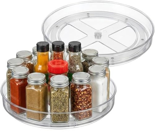 2 Pcs Lazy Susan Turntable Cupboard Organiser, Multi-Functional Clear Acrylic Revolving Condiment Holder, 360°Rotating Spice Organiser Racks for Kitchen Cabinet, Fridge Organisers 22 cm