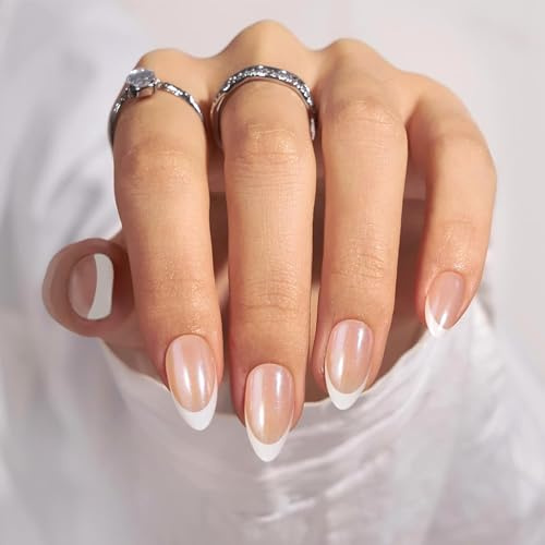 Nymora French Press On Nails - Set de Faux Ongles Soft Gel Press On avec 30 Faux Ongles en Blanc, Galvanisé, Ongles Autoadhésifs Réutilisables pour Femmes