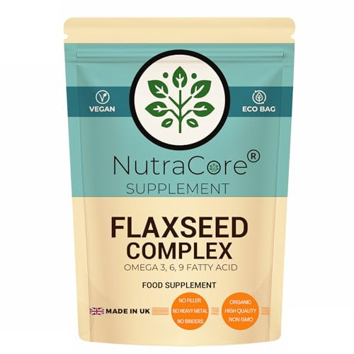 Flaxseed Oil 1000mg Capsules – Omega 3 6 9 Fatty Acid Complex – Cold Pressed Linseed (Linum Usitatissimum) – High Strength Vegan Omega Supplement – UK Made, Non-GMO, No Fillers – NutraCore (90)