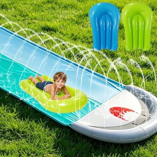 CLIUNT Wasserrutsche Garten, 550x145cm Doppel-Wasserrutsche, Wasserrutschmatte mit Eingebautem Sprinkler, 2 Bodyboards, Hai-Stil, Wasserspielzeug Kinder für Sommer Garten, Pool, Outdoor