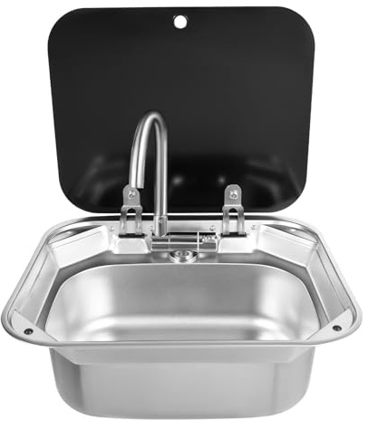 Goddlgjik RV Camping Spüle Bausatz Camping Waschbecken 41x36,5x16CM | mit Warm- und Kaltwasserhahn und Deckel, Wohnwagen Waschbecken, Kleines Spülbecken