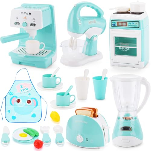 JOTOL Accesorios Cocina Juguetes,Electrodomesticos Cocina Juguetes,Conjunto de Utensilios de Cocina Infantil,Cafetera Batidora Tostadora con Luces y Sonidos Realistas,Juego de Roles para Niños Niñas