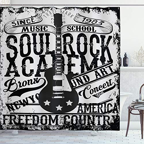 ABAKUHAUS Retro Duschvorhang, Rockmusik-Plakat-Bild, Stoffliches Gewebe Badezimmerdekorationsset mit Haken, 175 x 180 cm, Beige und Schwarz