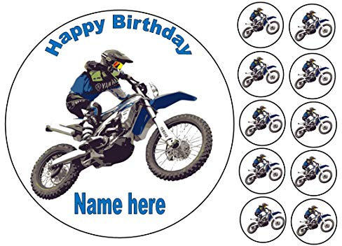 Personalised motocross motorbike 7.5 inch cake topper with 1.5 inch cupcake toppers edible icing