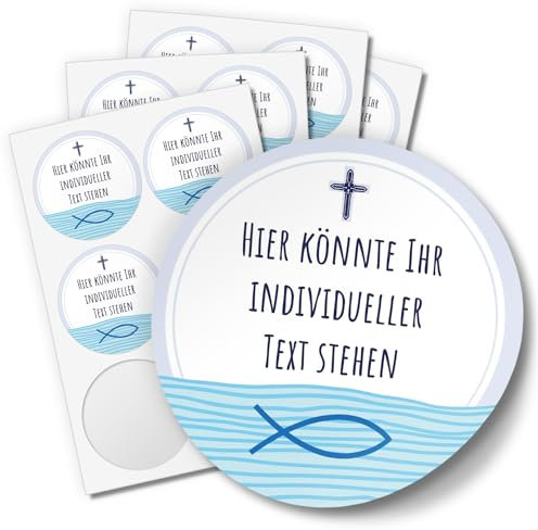 24 PERSONALISIERTE runde Etiketten SELBER GESTALTEN mit Ihrem Text: Blau Fisch Kreuz - Personalisierte Aufkleber für Taufe, Konfirmation, Kommunion Sticker für Jungen Jungs