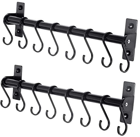 Dseap Kitchen Utensil Holder Hanger, Pot and Pan Rack Wall Mounted, Kitchen Rail with 8 Hooks for Hanging Cooking Utensils, Mugs, Spoons, Wall Mounted, Black, Pack of 2