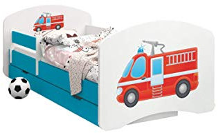 HappyBabies - Doppelseitiges Kinderbett MIT SCHUBLADE Modernes Design mit sicheren Kanten und Absturzsicherung Schaumstoffmatratze 7 cm Blau (Feuerwehrauto, 160x80)