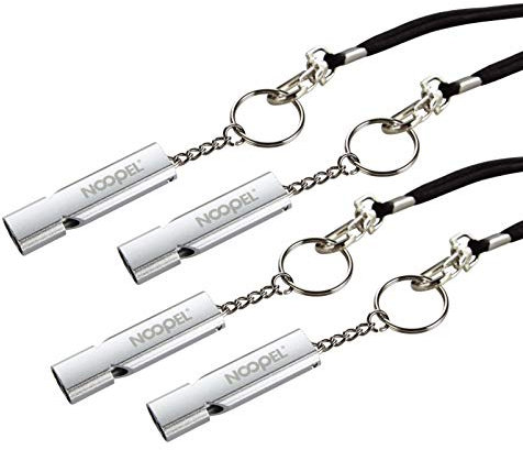 Noopel Emergency Whistles Lifeguard Safety Whistle with Lanyard and Keychain for Outdoor Camping Hiking Boating Hunting Fishing Kayak Kids Rescue Signaling Loud Survival Whistle (4 Pack Silver)