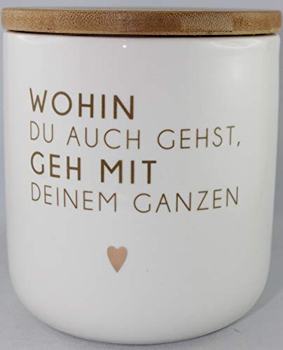 Cepewa - 52440 - Keksdose mit Holzdeckel, weiß, Steinzeug, Wohin Du auch gehst, geh mit Deinem ganzen Herzen, rund, 11,6cm x 11cm