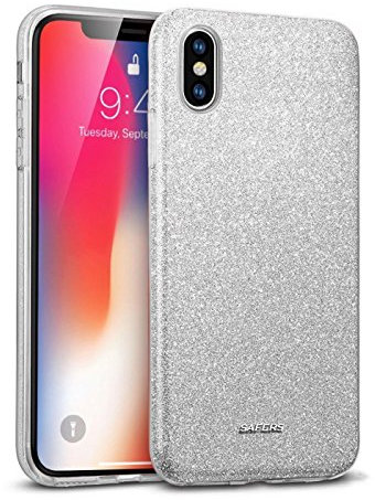 Verco Schutzhülle für iPhone X Case, iPhone XS Case Glitzer Motiv Handyhülle für Apple iPhone X/XS Hülle Silikon TPU Cover [5,8 Zoll], Silber