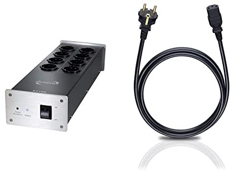 Dynavox HiFi-Netzfilter X4100S, Mehrfach-Steckdose mit 8 Steckplätzen, mit LED-Kontrollleuchte für Phasenlage, Silber & Oehlbach Powercord C13 / 150 - Netzkabel mit Schukostecker - 1,50 m - schwarz