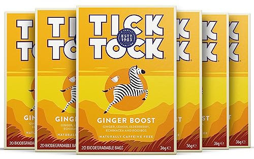 Tick Tock Wellbeing Ginger Boost Tea | Invigorating & Caffeine-Free Fiery Ginger & Zesty Lemon Rooibos Tea | Naturally Uplifting Herbal Tea | Pack of 6 x 20 Tea Bags (120 Teabags)