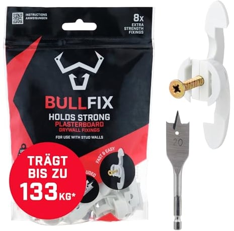 Bullfix Kit Extra Cheville Placo Charge Lourde 133kg Façon Cheville Molly, Kit d'Ancrage avec Vis Placo pour Murs en Plaque de Platre Creux, Cloisons Sèches, Murs à Colombage - Pack Démarrage de 8