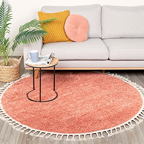 FRAAI Teppich Hochflor Rund - Lofty Fringe Orange Rosa Ø 200cm - Einfarbig - Modern, Skandinavisch - Wohnzimmer, Esszimmer, Schlafzimmer - Fellteppich - Rug