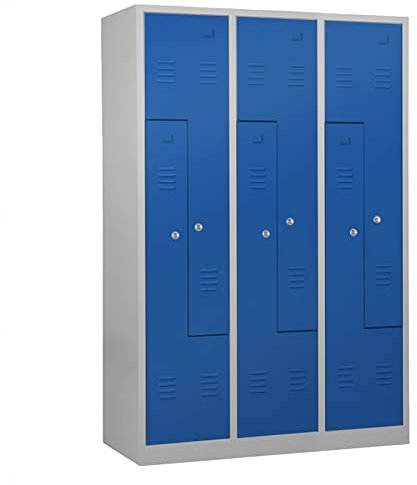 Schrank & Stuhl Spind – Metallspind in Z-Form 3 x 2 Abteilen 180 x 120 x 50 cm, Spindschrank mit Zylinderschlössern, Lieferung komplett montiert, Grau/Blau
