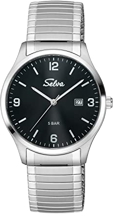 SELVA Herren-Armbanduhr, Quarz, Index und Ziffern, Edelstahlgehäuse, Flexibles Zugband, 5 bar