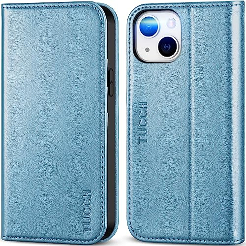 TUCCH Handyhülle für iPhone 14 5G Hülle [RFID Blocker] Schutzhülle [Kartenfach] TPU [Standfunktion] Lederhülle Kunstleder Stoßfest Flipcase für iPhone 14 2022 (6,1 Zoll) Glitzer Blau