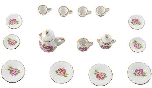 Bumdenuu Juego de té de porcelana de 15 piezas en miniatura de la casa de muñecas, de porcelana china
