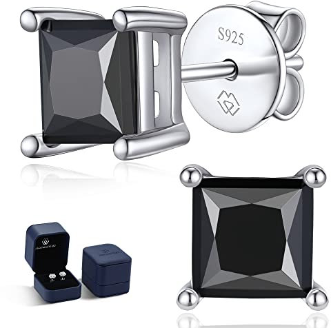 MomentWish Boucles D'oreilles Homme Noir Carrée, 2 Carats/5,5 mm Moissanite Diamant Boucle D oreille Argent Sterling 925 Hypoallergénique Cadeaux Pour Homme