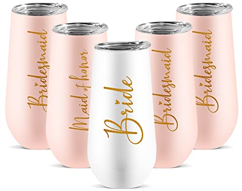 CARAKNOTS Bridesmaids Proposal Gifts Wedding Champagne Flutes Set of 5 Bachelorette Gifts for Bride Bridesmaids Maid of Honor Champagne Tumbler Engagement Bridal Shower Gift Bachelorette Party Cups
