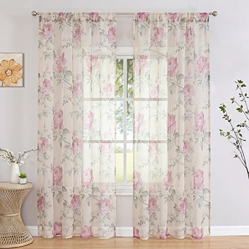 BUHUA Voile Vorhänge Halbtransparent Vorhang im Blumen Vorhänge mit Stangendurchzug Gardinenschals Muster Durchsichtige Vorhänge für Wohnzimmer 2er Set, 225x140cm (HxB) Rosa
