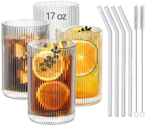 INSETLAN Juego de 4 vasos de cristal acanalados de 17 onzas, vasos de vidrio grandes de cristalería vintage, vasos de cóctel estilo origami, ideales para cerveza, jugo, agua, taza de café helado,