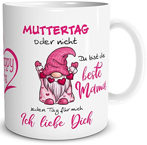 TRIOSK Tasse Muttertag Zwerg mit Beste Mama Spruch lustig Muttertagsgeschenk Oder Ich liebe dich Sprüche Geschenk für Frauen Freundin Geburtstag, Keramik 300ml