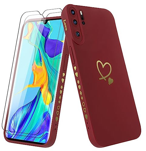 Vauki Coque pour Huawei P30 Pro avec 2 Pièces Verre Trempé, Etui Fille avec Or Motif Coeur Souple TPU Silicone Antichoc Anti-Rayures Housse Compatible avec Huawei P30 Pro, Bordeaux