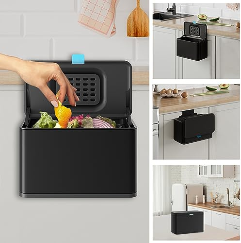 LINSSEN Poubelle suspendue, acier inoxydable, couvercle, seau, bac à compost de cuisine, pour plan de travail, sous évier, fixation murale, placard, salle de bains, chambre, etc., 3,8 l, noir